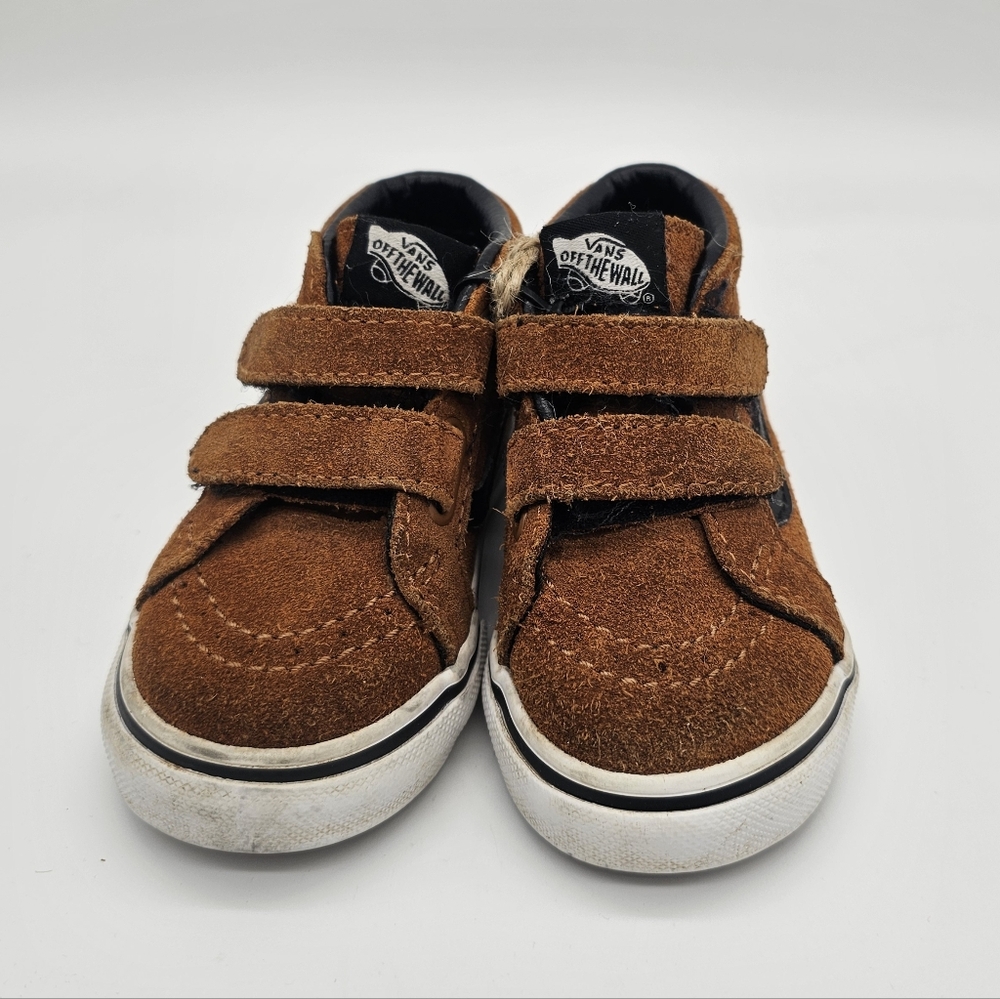 Vans High Top Kids 6c Toddler Brown & Black Suede Sneakers Velcro Skate Retro - Picture 2 of 4
